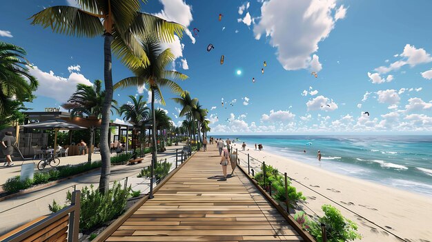 Une belle plage avec du sable blanc et de l'eau bleue Il y a des palmiers et une promenade Un groupe de personnes marchent sur la promenade