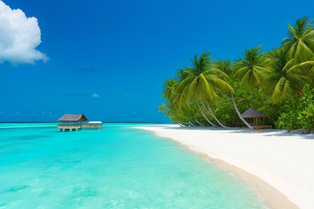 belle plage avec du sable blanc océan turquoise ciel bleu avec des nuages et cocotier sur l'eau