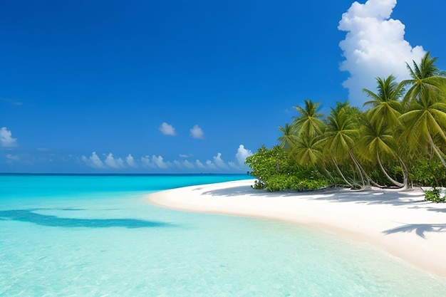 belle plage avec du sable blanc océan turquoise ciel bleu avec des nuages et cocotier sur l'eau