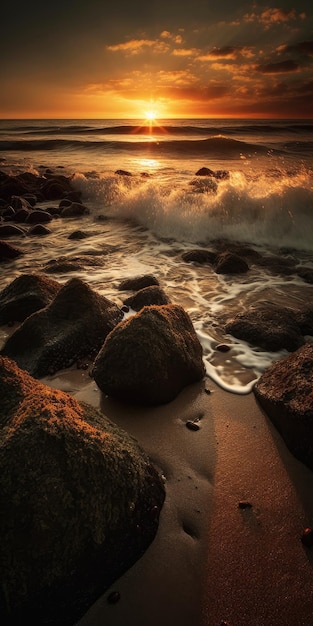 Belle plage éclairée au coucher du soleil