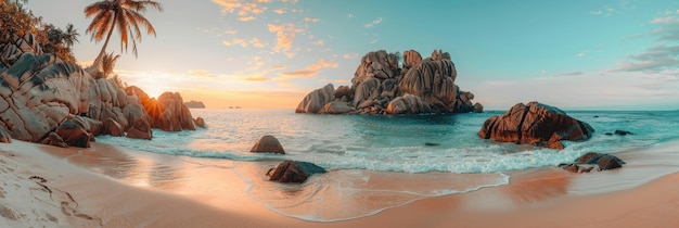 Une belle plage avec une grande formation rocheuse en arrière-plan