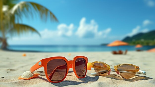 Belle plage avec des lunettes et un chapeau sur la plage