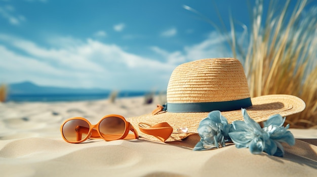 Belle plage avec des lunettes et un chapeau sur la plage