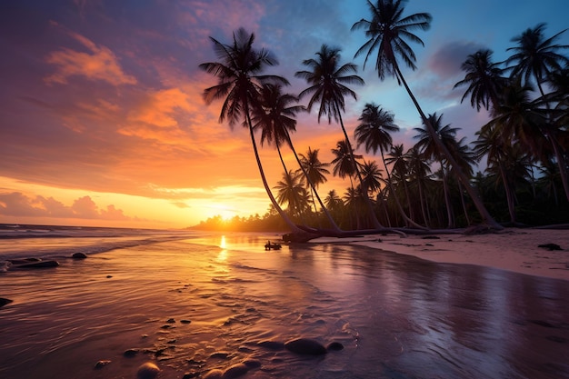 Une belle plage avec des noix de coco au coucher du soleil