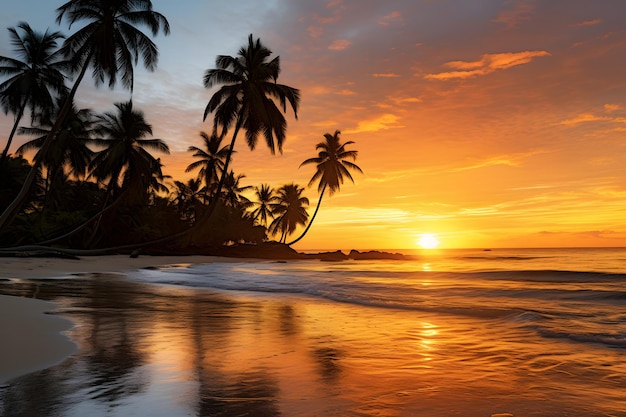 Une belle plage avec des noix de coco au coucher du soleil