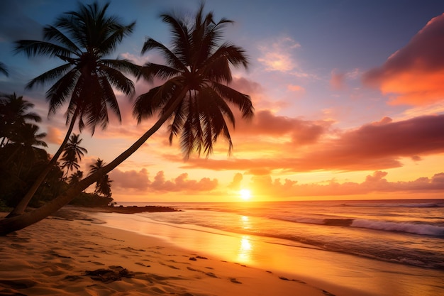 Une belle plage avec des noix de coco au coucher du soleil