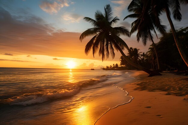 Une belle plage avec des noix de coco au coucher du soleil