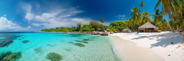 Belle plage avec océan turquoise de sable blanc et ciel bleu avec des nuages le jour ensoleillé