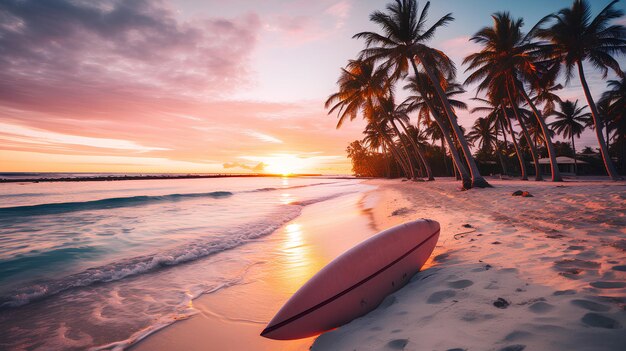 belle plage avec un palmier sur la mer au coucher du soleil