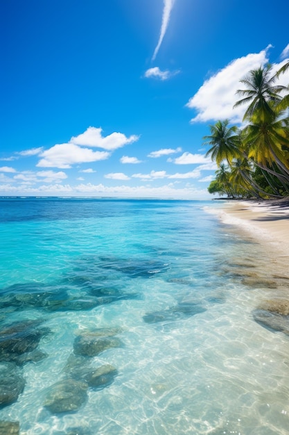 Une belle plage avec des palmiers et de l'eau cristalline