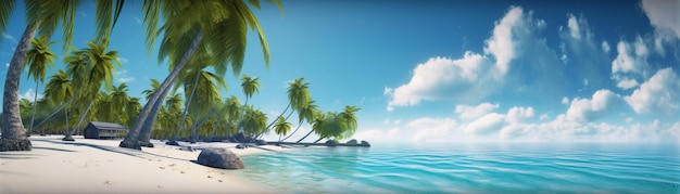 Belle plage avec palmiers et mer turquoise Art vacances d'été océan avec île en arrière-plan Generative AI