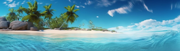 Belle plage avec palmiers et mer turquoise Art vacances d'été océan avec île en arrière-plan Generative AI