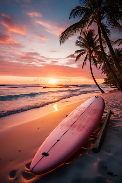 belle plage avec des palmiers et des planches de surf au coucher du soleil