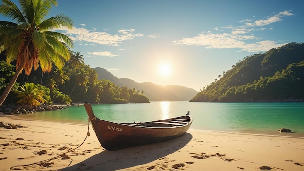 Belle plage de paradis tropical avec un bateau en bois et des palmiers par une journée d'été ensoleillée Terre parfaite