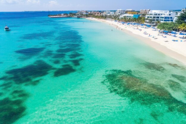 Belle plage paradisiaque avec eau bleu clair et station balnéaire de sable doux