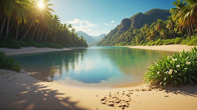 Une belle plage paradisiaque tropicale avec du sable blanc et des palmiers par une journée d'été ensoleillée Parfait