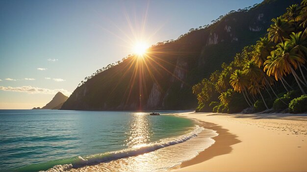 Une belle plage paradisiaque tropicale avec du sable blanc et des palmiers par une journée d'été ensoleillée