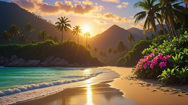 Une belle plage paradisiaque tropicale avec des palmiers par une chaude journée d'été et un ciel nuageux