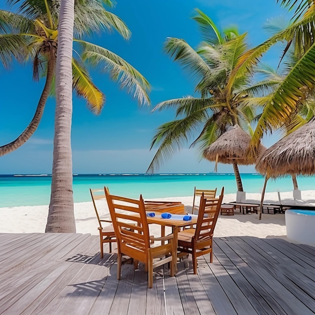 une belle plage de sable blanc avec un bar de palmiers et une mer bleue