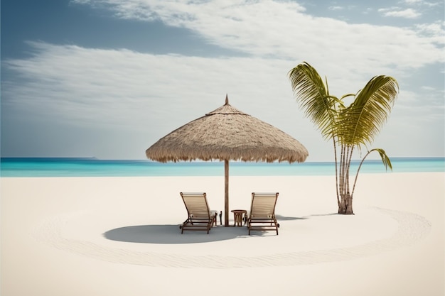 Belle plage de sable blanc tranquille avec deux chaises de plage et parasol au toit de chaume vacances d'été romantiques sur une île privée tropicale pour fond de publicité de station balnéaire de luxe