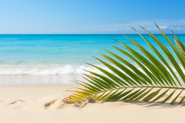 Une belle plage de sable avec des feuilles de palmier