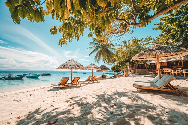 Une belle plage de sable large ouverte avec des lits de plage concept d'été