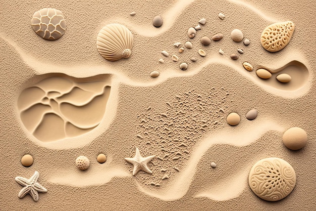 Une belle plage de sable avec de superbes coquillages éparpillés sur le rivage Généré par AI