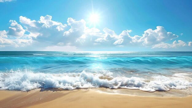 Photo belle plage de sable avec des vagues bleues nuages blancs et le soleil brillant illustration générée par l'ia