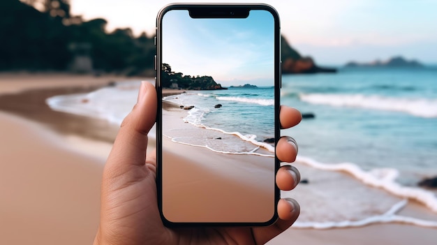 Une belle plage tropicale devient le sujet alors qu'une personne prend une photo en gros plan avec son téléphone