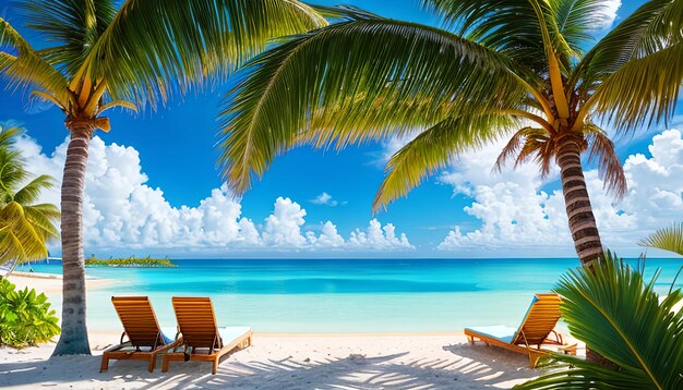 Photo belle plage tropicale avec du sable blanc et deux chaises longues sur le fond de l'océan turquoise