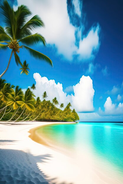 Une belle plage tropicale avec du sable blanc, des palmiers turquoise, l'océan contre le ciel bleu et les nuages.