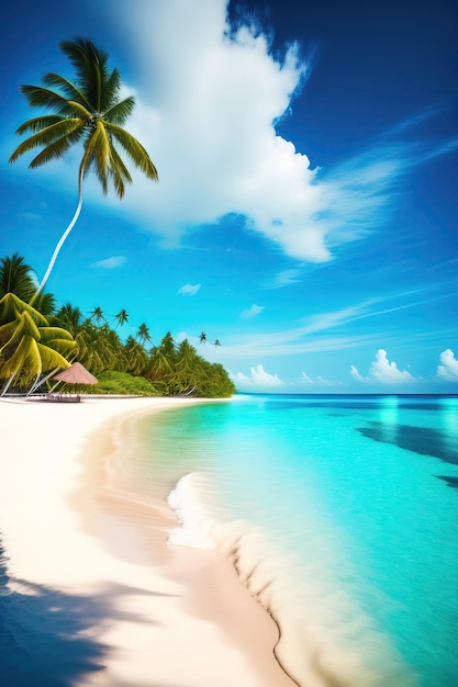 Une belle plage tropicale avec du sable blanc, des palmiers turquoise, l'océan contre le ciel bleu et les nuages.