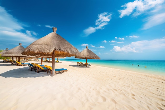 Belle plage tropicale avec de l'eau bleu sable jaune et des palmiers