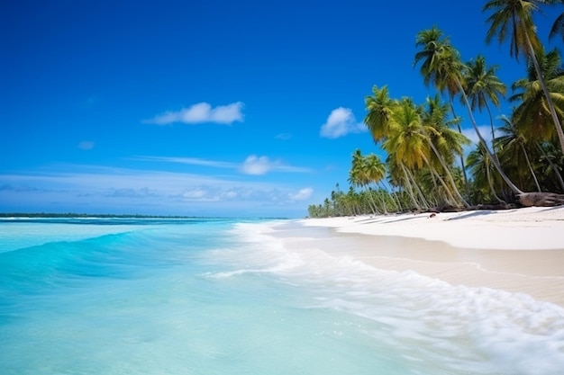 Belle plage tropicale mer océan avec nuages blancs ciel bleu et copyspace