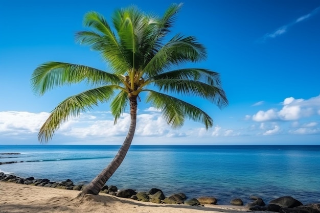 Photo belle plage tropicale, mer et océan avec un palmier à noix de coco au lever du soleil.