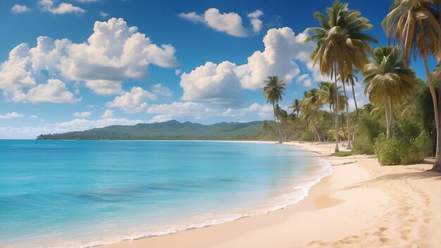 Photo belle plage tropicale mer océan avec palmier et sable blanc en été avec fond de ciel bleu