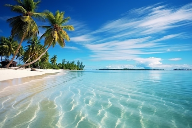 Une belle plage tropicale et la mer avec un palmier à noix de coco dans l'île du paradis