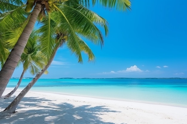 Une belle plage tropicale et la mer avec un palmier à noix de coco dans l'île du paradis