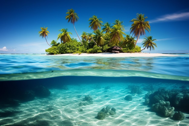 Une belle plage tropicale et la mer avec un palmier à noix de coco dans l'île du paradis