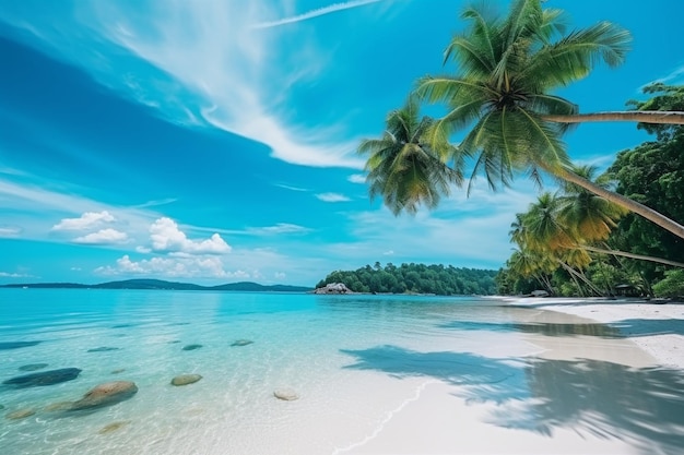 Belle plage tropicale, mer et sable avec un palmier à noix de coco sur un ciel bleu et des nuages blancs.