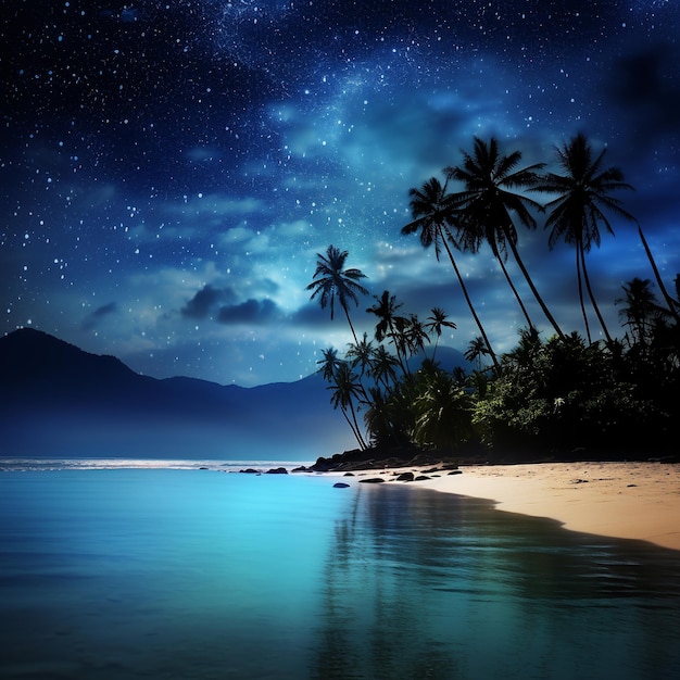 Une belle plage tropicale avec des palmiers et un ciel étoilé la nuit.