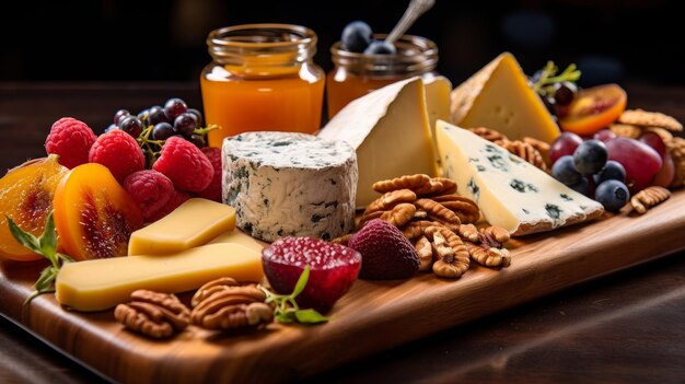 Belle planche de bois avec du miel de noix de fromage et des fruits pour la table de fête