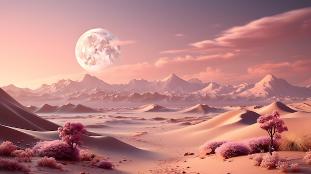 belle planète extraterrestre fantastique paysage désertique avec des arbres roses et un ciel bleu en rendu 3d