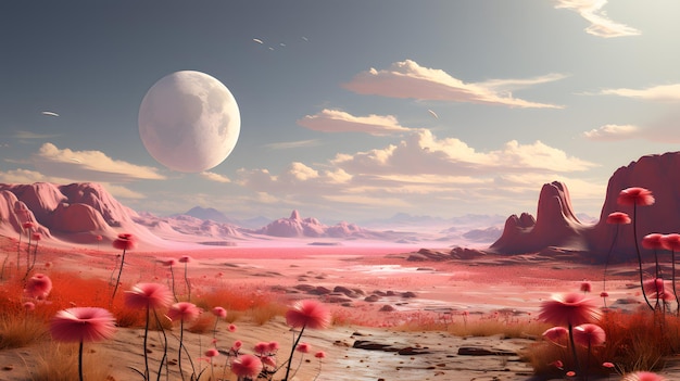 belle planète extraterrestre fantastique paysage désertique avec des arbres roses et un ciel bleu en rendu 3d