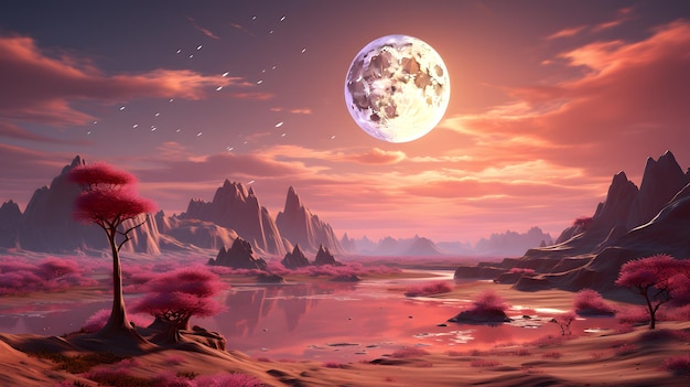 belle planète extraterrestre fantastique paysage désertique avec des arbres roses et un ciel bleu en rendu 3d