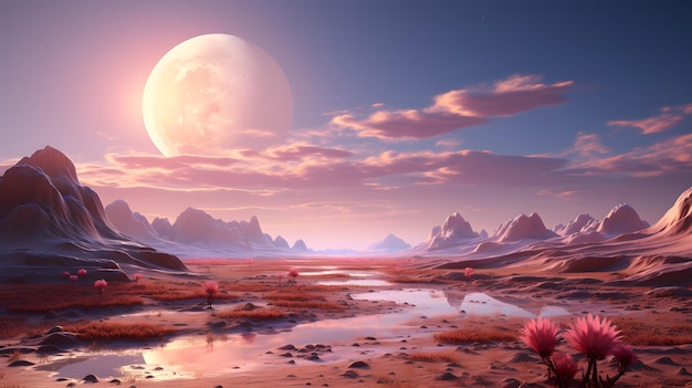 belle planète extraterrestre fantastique paysage désertique avec des arbres roses et un ciel bleu en rendu 3d