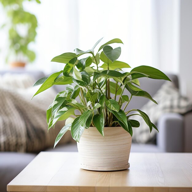 Une belle plante d'intérieur en pot est assise sur une table en bois dans un salon