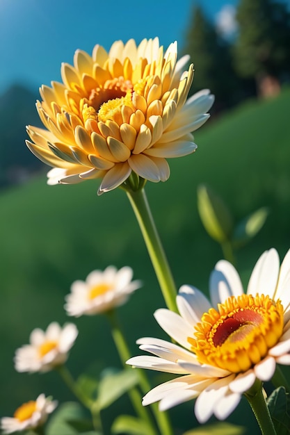 Belle plante jaune chrysanthème sauvage fleurs comme des tournesols beau fond de papier peint