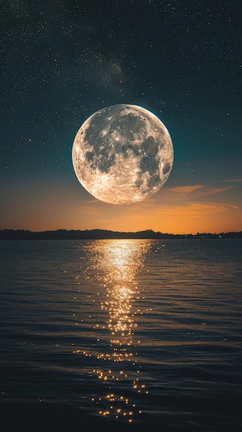 Photo une belle pleine lune se lève sur un lac calme