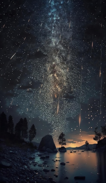Belle pluie de météorites dans le ciel nocturneIA générative